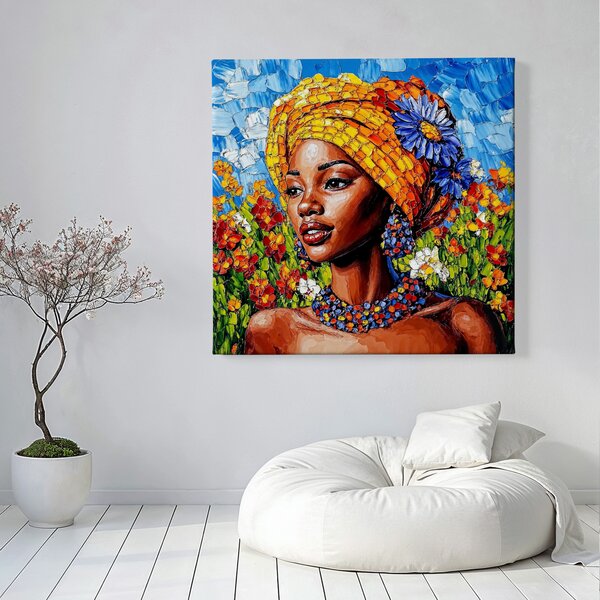 Obraz na plátně - Africká žena Shiu se žlutým šátkem FeelHappy.cz Vyberte rozměr (Šířka/Výška): 40 x 40 cm