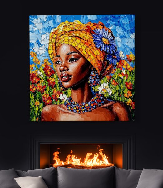 Obraz na plátně - Africká žena Shiu se žlutým šátkem FeelHappy.cz Vyberte rozměr (Šířka/Výška): 40 x 40 cm