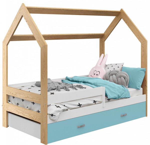Dětská postel Domek 80x160 cm D3, rošt ZDARMA - borovice (Barva zábrany: Bílá, Barva úložného prostoru: Modrá, Volba matrace: Bez matrace)
