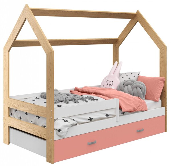 Dětská postel Domek 80x160 cm D3, rošt ZDARMA - borovice (Volba matrace: S matrací, Barva úložného prostoru: Růžová, Barva zábrany: Bílá)