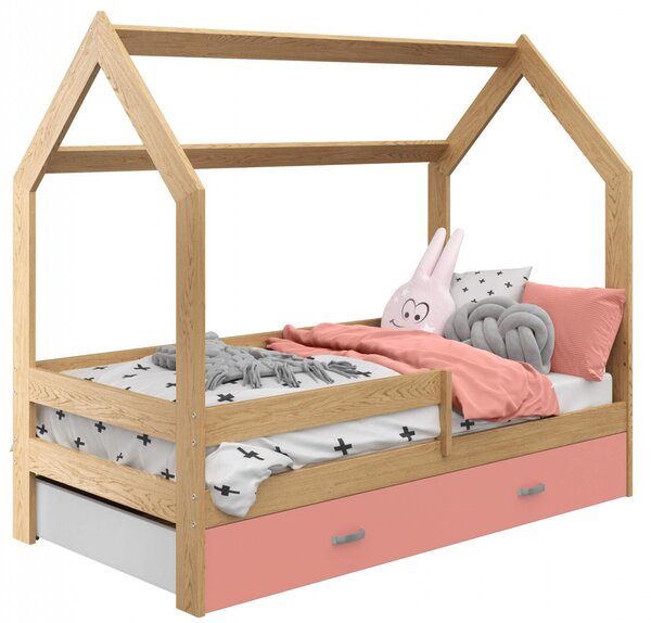 Dětská postel Domek 80x160 cm D3, rošt ZDARMA - borovice (Volba matrace: Bez matrace, Barva úložného prostoru: Růžová, Barva zábrany: Borovice)