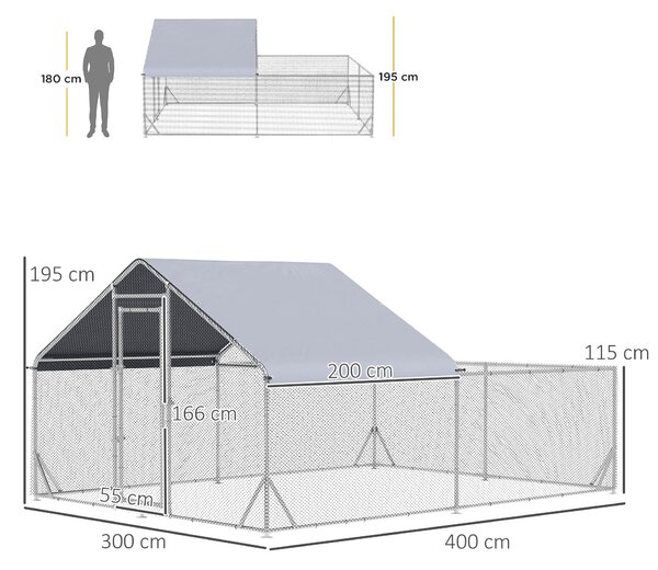 PawHut Venkovní Kurník pro Kuřata 12 m² - drátěné oplocení rozměrů 4L x 3W x 2H m - krytý prostor - pozinkovaná ocel | Aosom