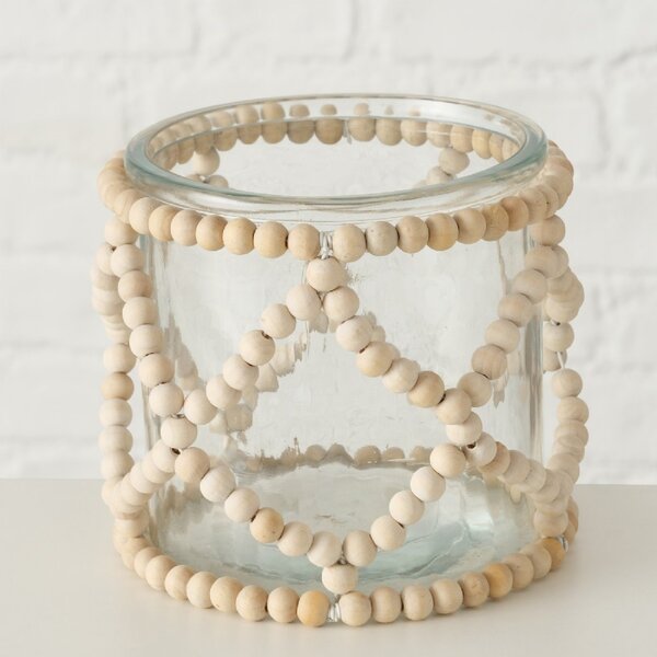Skleněný svícen Beads výška 12 cm, průměr 11 cm, sklo, dřevo