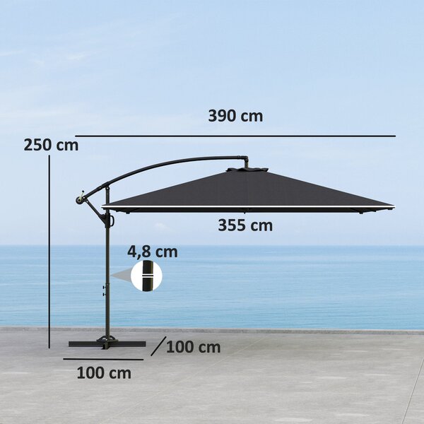Outsunny Obdélníkový Offset Zahradní Slunečník 3,6x3,9 m, Zahradní Slunečník s Kličkou, Křížová Základna, Nastavitelný Sklon a 360° Otočení, 180 g/m²