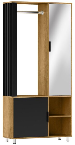 HOMCOM Moderní šatní skříň s zrcadlem, otevřené přihrádky, šatní tyč, 80 x 30 x 170 cm, Přirozené dřevo | Aosom