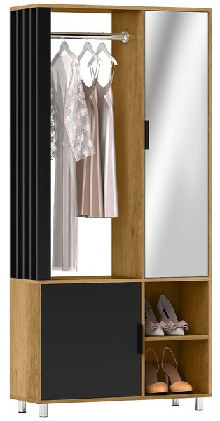 HOMCOM Moderní šatní skříň s zrcadlem, otevřené přihrádky, šatní tyč, 80 x 30 x 170 cm, Přirozené dřevo | Aosom