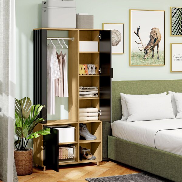HOMCOM Moderní šatní skříň s zrcadlem, otevřené přihrádky, šatní tyč, 80 x 30 x 170 cm, Přirozené dřevo | Aosom