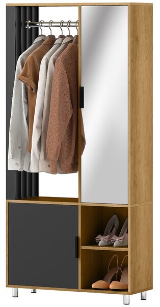 HOMCOM Moderní šatní skříň s zrcadlem, otevřené přihrádky, šatní tyč, 80 x 30 x 170 cm, Přirozené dřevo | Aosom
