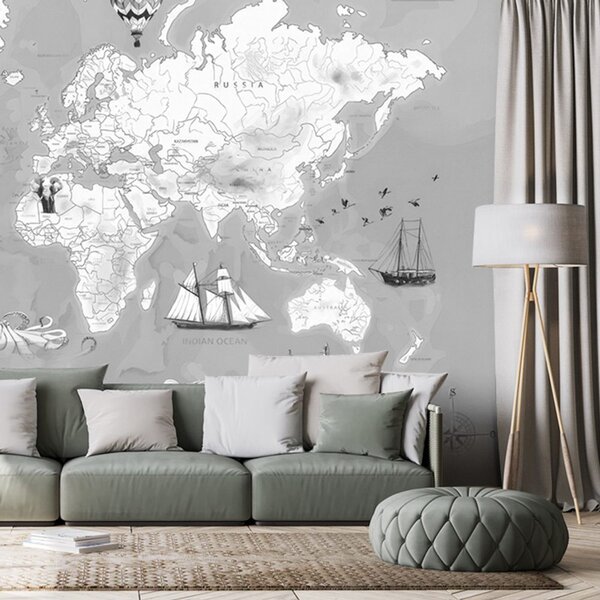 Tapeta šedo-bílá kreslená mapa s plavidly