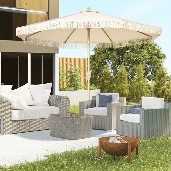 Outsunny Zahradní Slunečník s Krajkami, Sklopný Slunečník s Kličkou, Kovový Sloup, Boho Styl, 8 Žebříků Ø 265 x 244H cm Krémový | Aosom