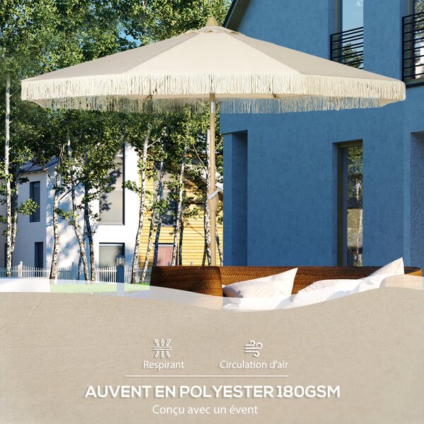 Outsunny Zahradní Slunečník s Krajkami, Sklopný Slunečník s Kličkou, Kovový Sloup, Boho Styl, 8 Žebříků Ø 265 x 244H cm Krémový | Aosom