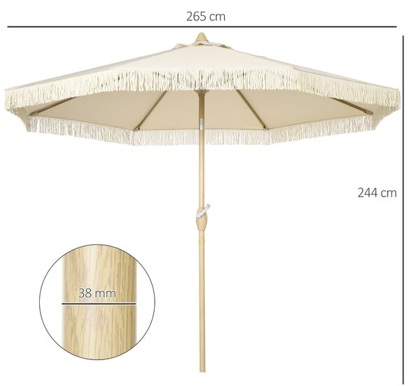 Outsunny Zahradní Slunečník s Krajkami, Sklopný Slunečník s Kličkou, Kovový Sloup, Boho Styl, 8 Žebříků Ø 265 x 244H cm Krémový | Aosom