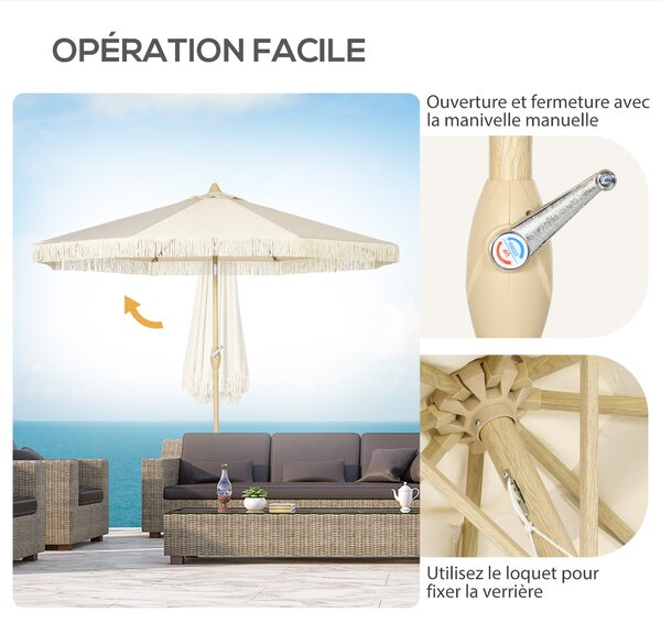 Outsunny Zahradní Slunečník s Krajkami, Sklopný Slunečník s Kličkou, Kovový Sloup, Boho Styl, 8 Žebříků Ø 265 x 244H cm Krémový | Aosom