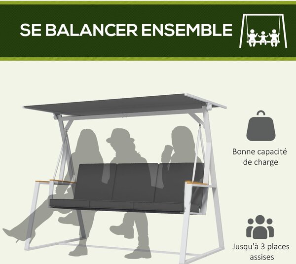 Outsunny 3-místná zahradní houpačka s nastavitelným sklonem stříšky, dodávaný matrac, ocelový rám, rozměry: 205D x 130Š x 175V cm Tmavě šedá | Aosom