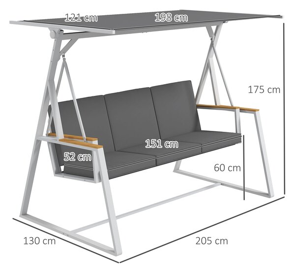 Outsunny 3-místná zahradní houpačka s nastavitelným sklonem stříšky, dodávaný matrac, ocelový rám, rozměry: 205D x 130Š x 175V cm Tmavě šedá | Aosom