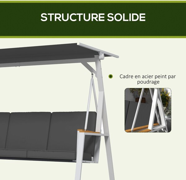 Outsunny 3-místná zahradní houpačka s nastavitelným sklonem stříšky, dodávaný matrac, ocelový rám, rozměry: 205D x 130Š x 175V cm Tmavě šedá | Aosom