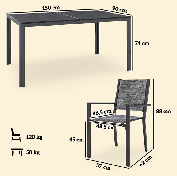 Outsunny Sada Zahradního Nábytku do Exteriéru 7 Kusů, Zahradní Stůl s 6 Stohovatelnými Židlemi, 150 cm Lamely, Ocelová Konstrukce Odolná proti Korozi