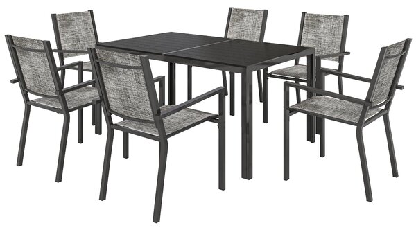 Outsunny Sada Zahradního Nábytku do Exteriéru 7 Kusů, Zahradní Stůl s 6 Stohovatelnými Židlemi, 150 cm Lamely, Ocelová Konstrukce Odolná proti Korozi