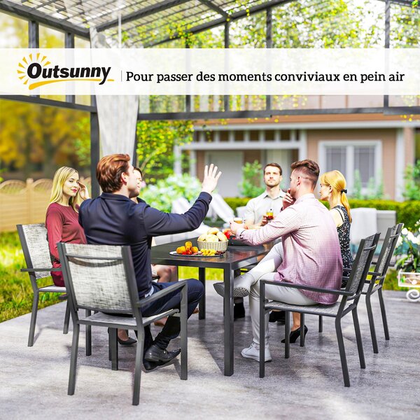 Outsunny Sada Zahradního Nábytku do Exteriéru 7 Kusů, Zahradní Stůl s 6 Stohovatelnými Židlemi, 150 cm Lamely, Ocelová Konstrukce Odolná proti Korozi