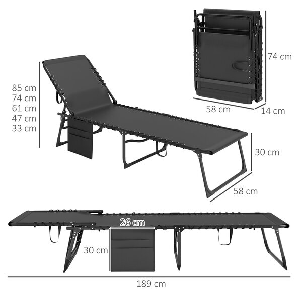 Outsunny Sluneční Lehátko, skládací chaise longue s polštářem, opěrkou hlavy, boční kapsou, textilene, nastavitelné venkovní zahradní lehátko pro pláž