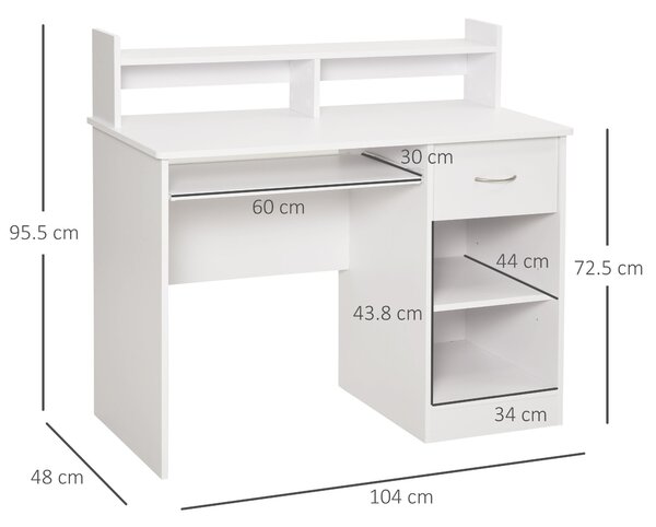 HOMCOM Kompaktní Počítačový Stůl, Bílý Dřevěný Stůl pro Počítač s Vytahovací Klávesnicí a Policemi 104x48x95,5cm | Aosom
