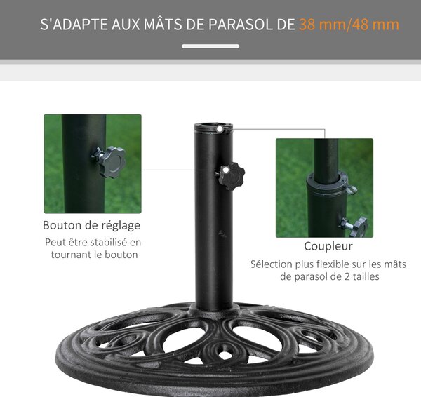 Kulatý základ slunečníku Outsunny 11,5 kg, venkovní kovový stojan na slunečníky pro průměr 38 a 48 mm, základna pro zahradní terasu, Ø 45 x 33,5 cm, Č