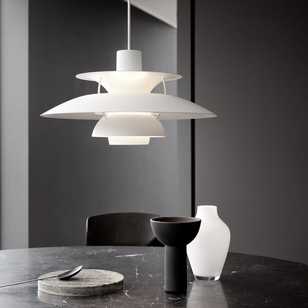 Závěsná svítidlo Louis Poulsen, PH 5, stmívatelné, Bílá, Obývací pokoj, Kov, Design