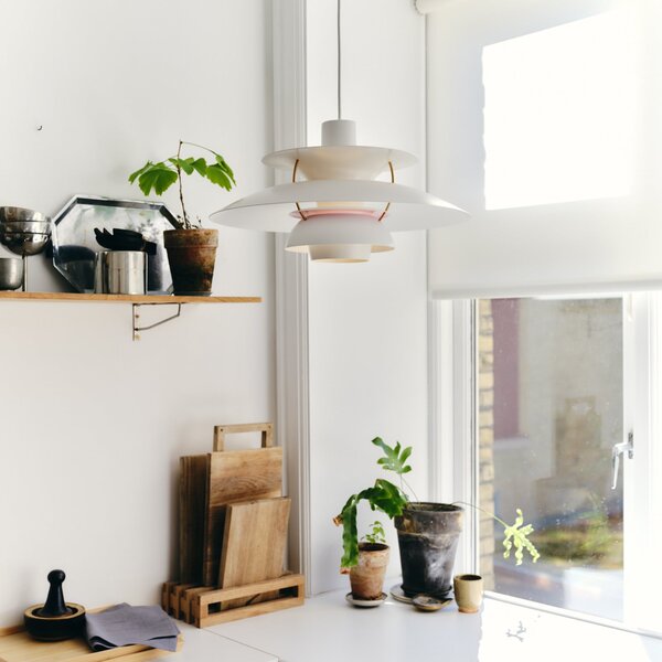 Závěsná svítidlo Louis Poulsen, PH 5, stmívatelné, Bílá, Obývací pokoj, Kov, Design