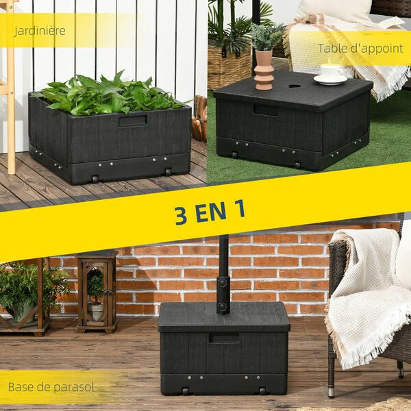 Stojan na slunečník Outsunny s podstavcem, bočním stolem a květináčem, s odvodňovacími kolečky a rukojetí, PE a kov, 53L x 53W x 47H cm, černý | Aosom
