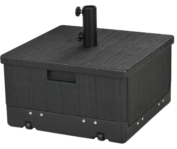 Stojan na slunečník Outsunny s podstavcem, bočním stolem a květináčem, s odvodňovacími kolečky a rukojetí, PE a kov, 53L x 53W x 47H cm, černý | Aosom