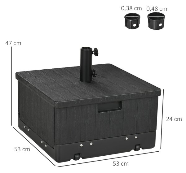 Stojan na slunečník Outsunny s podstavcem, bočním stolem a květináčem, s odvodňovacími kolečky a rukojetí, PE a kov, 53L x 53W x 47H cm, černý | Aosom