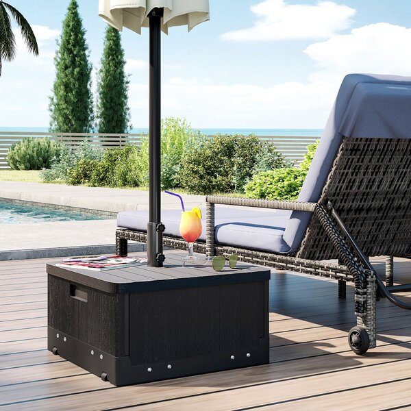 Stojan na slunečník Outsunny s podstavcem, bočním stolem a květináčem, s odvodňovacími kolečky a rukojetí, PE a kov, 53L x 53W x 47H cm, černý | Aosom