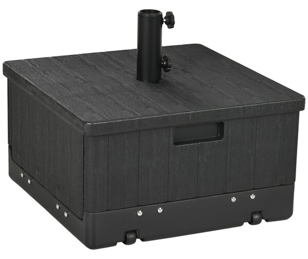 Stojan na slunečník Outsunny s podstavcem, bočním stolem a květináčem, s odvodňovacími kolečky a rukojetí, PE a kov, 53L x 53W x 47H cm, černý | Aosom