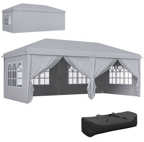 Outsunny Skládací Zahradní Altán 6 x 3 m Venku Pop-up Voděodolný Altán se 4 Odnímatelnými Bočními Stěnami 4 Okny + Nosič Světle Šedá | Aosom