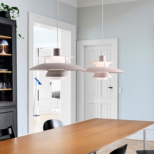 Závěsná svítidlo Louis Poulsen, PH 5, stmívatelné, Pudrová, Obývací pokoj, Kov, Design