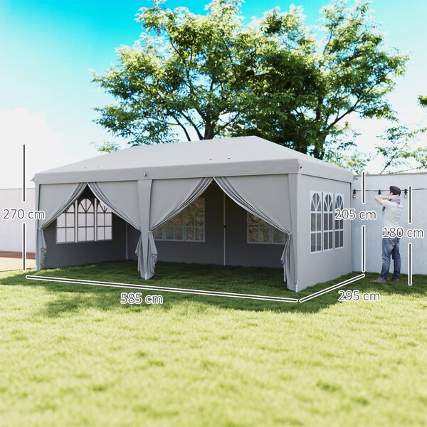 Outsunny Skládací Zahradní Altán 6 x 3 m Venku Pop-up Voděodolný Altán se 4 Odnímatelnými Bočními Stěnami 4 Okny + Nosič Světle Šedá | Aosom