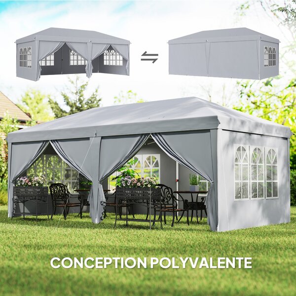 Outsunny Skládací Zahradní Altán 6 x 3 m Venku Pop-up Voděodolný Altán se 4 Odnímatelnými Bočními Stěnami 4 Okny + Nosič Světle Šedá | Aosom
