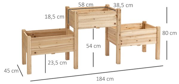 Vyvýšený záhon Outsunny se třemi dvoupatrovými kontejnery 184L x 45Š x 80V cm z předběžně ošetřeného jedlového dřeva | Aosom