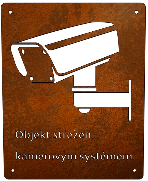 Informační cortenová cedule - objekt střežen kamerovým systémem typ 2 Velikost: 16 x 20 (L), Text: ČESKY