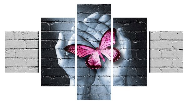 Obraz - Růžový motýl ve zdi (125x70 cm)