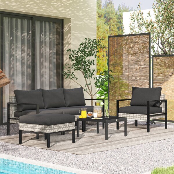 Outsunny Zahradní Lounge Set 5-Dílný, Balkonový Set z Plastového Rattanu s Křesly, Ottomanem, Kavovým Stolkem, Vyměnitelnými Polštáři, Nosnost 120kg