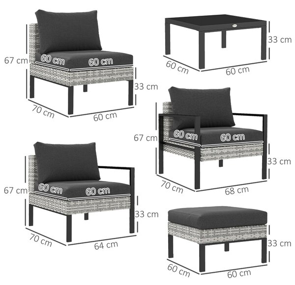 Outsunny Zahradní Lounge Set 5-Dílný, Balkonový Set z Plastového Rattanu s Křesly, Ottomanem, Kavovým Stolkem, Vyměnitelnými Polštáři, Nosnost 120kg