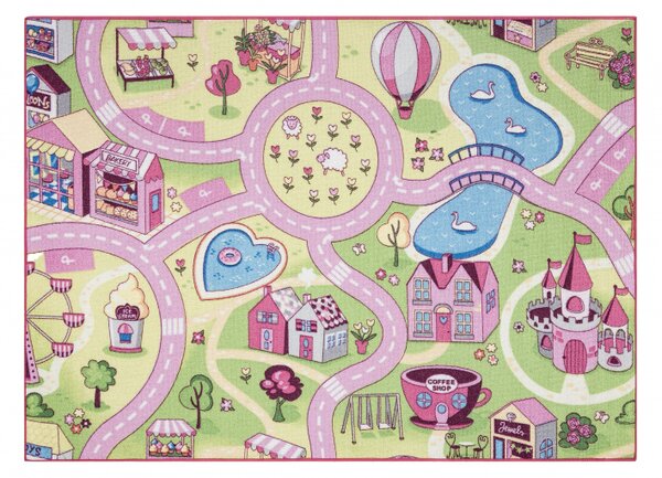 Makro Abra Dětský kusový koberec REBEL Sweet town 26 Ulice Město protiskluzový růžový zelený Rozměr: 95x133 cm