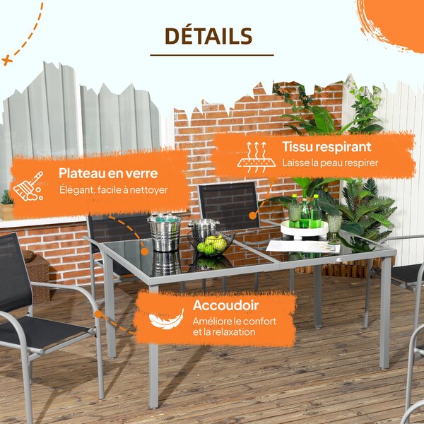 Zahradní set Outsunny, 7 dílů, 6 židlí a 1 ocelový stůl, stohovatelné židle, stůl s tvrzeným sklem, černý | Aosom