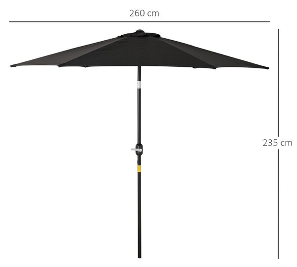 Outsunny Rovinny naklápěcí zahradní balkonový slunečník s klikou, voděodolná 180 g/m² polyesterová látka, Ø2.6 x 2.35H m, černý hliník | Aosom