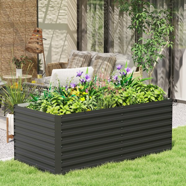 Outsunny Zahradní Květináč, Zinkovaný Zvednutý Zahradní Box se Zabezpečeným Okrajem a Otevřeným Dnem, pro Květiny, Byliny a Zeleninu, 160 x 80 x 60 cm