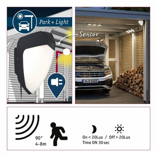 PAULMANN Park + Light LED venkovní nástěnné svítidlo Ikosea vč. pohybové čidlo IP44 50x203mm 3000K 5,6W 12V antracit umělá hmota