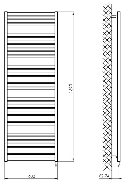 Aqualine Aqualine, TONDI-E elektrické topné těleso, rovné, 600x1690 mm, 800W, černý mat, DE496T