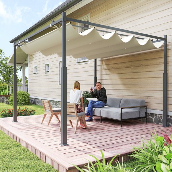 Retrakční posuvná pergola Outsunny 3 x 3 m - Venkovní zahradní pergola s magnetickou fixací, zahradní střecha, vysoká hustota 180 g/m² polyester, slun