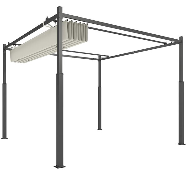Retrakční posuvná pergola Outsunny 3 x 3 m - Venkovní zahradní pergola s magnetickou fixací, zahradní střecha, vysoká hustota 180 g/m² polyester, slun